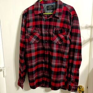 Men’s red and black plaid long sleeve shirt, MBX mark